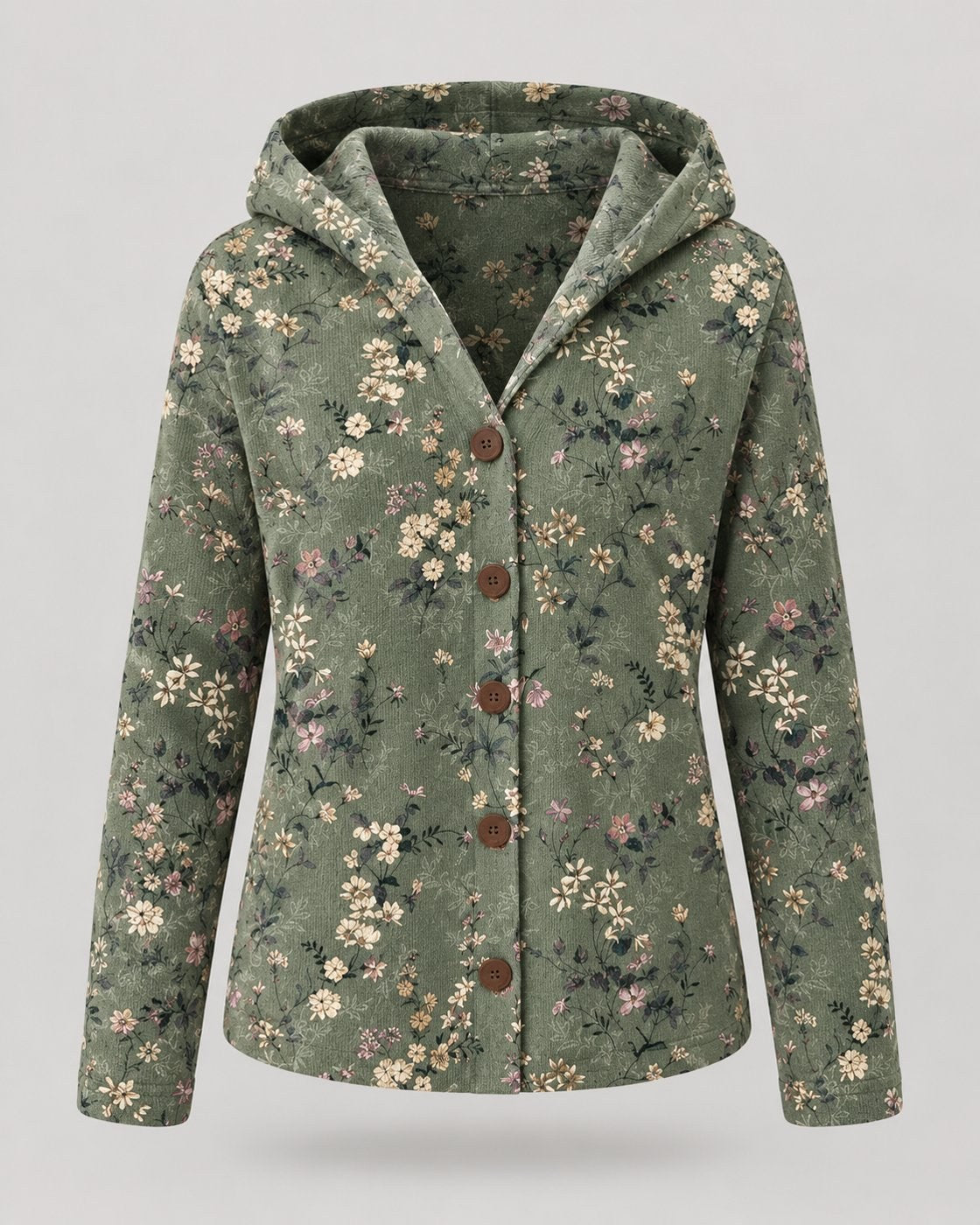 Pomence™ Button Hooded Sweater. Pomence Button Hooded Sweater, front view, Dark Green floral print