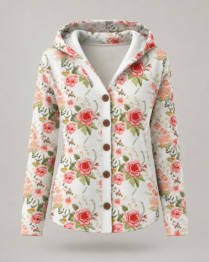 Pomence™ Button Hooded Sweater. Pomence Button Hooded Sweater, front view, Floral White rose print