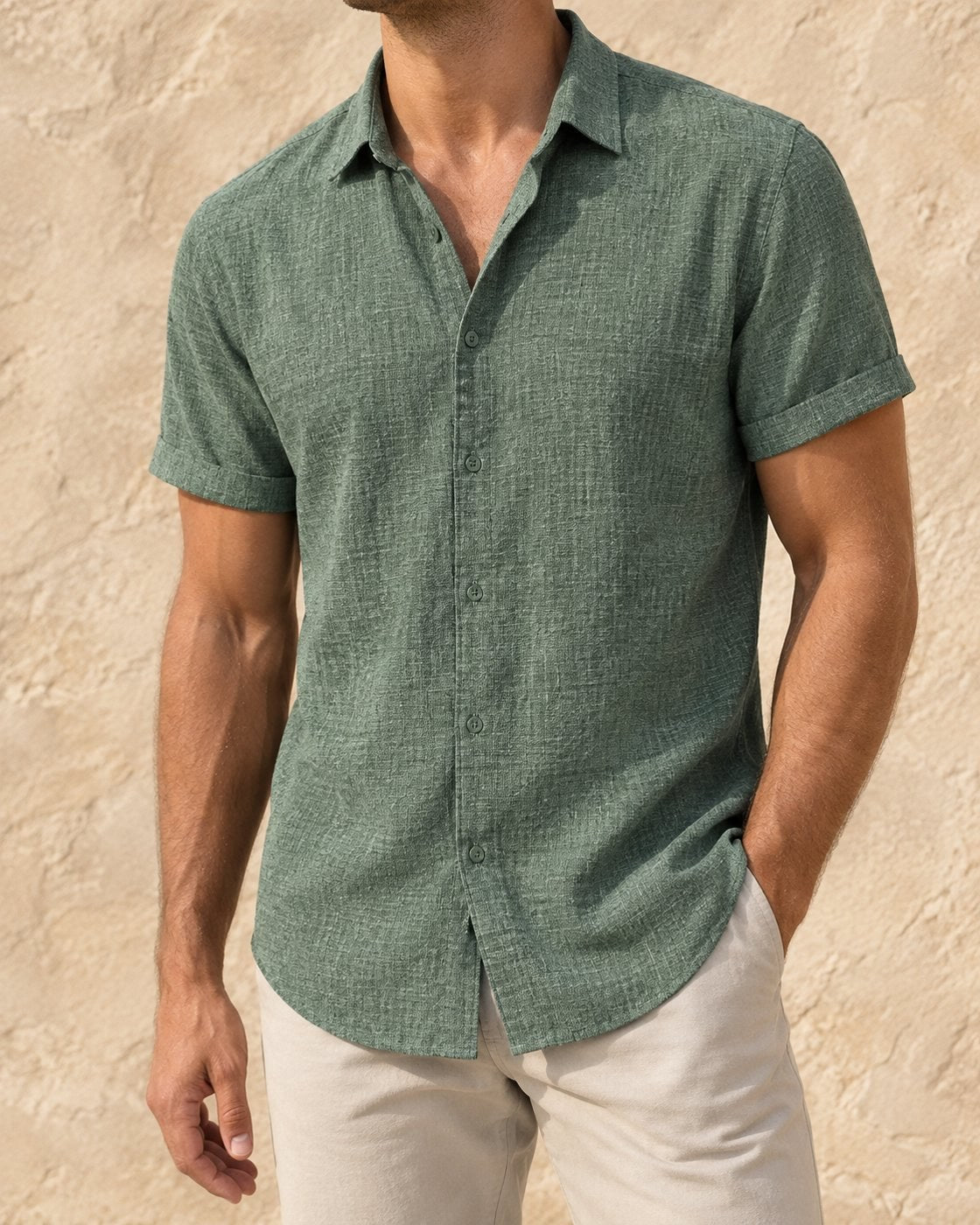 Pomence™ Classic Collared Shirt. Pomence Classic Collared Shirt, worn front view, Green