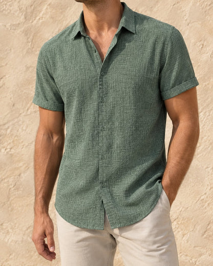 Pomence™ Classic Collared Shirt. Pomence Classic Collared Shirt, worn front view, Green