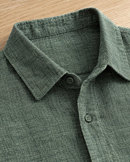 Pomence™ Classic Collared Shirt. Pomence Classic Collared Shirt, collar and button placket close-up, linen-blend weave, Green