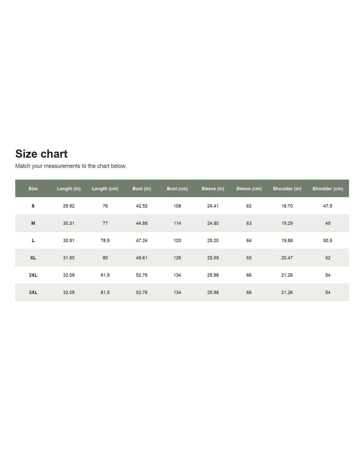 Pomence™ Classic Collared Shirt. Size chart
