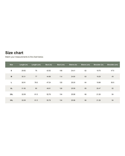 Pomence™ Classic Collared Shirt. Size chart