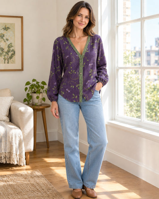 Fernhill - Women's Vintage Leaf Print Blouse