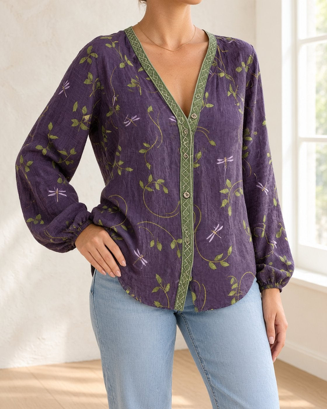Pomence™ Vintage Leaf Print Shirt. Pomence Vintage Leaf Print Shirt, worn front view, Purple leaf and dragonfly print