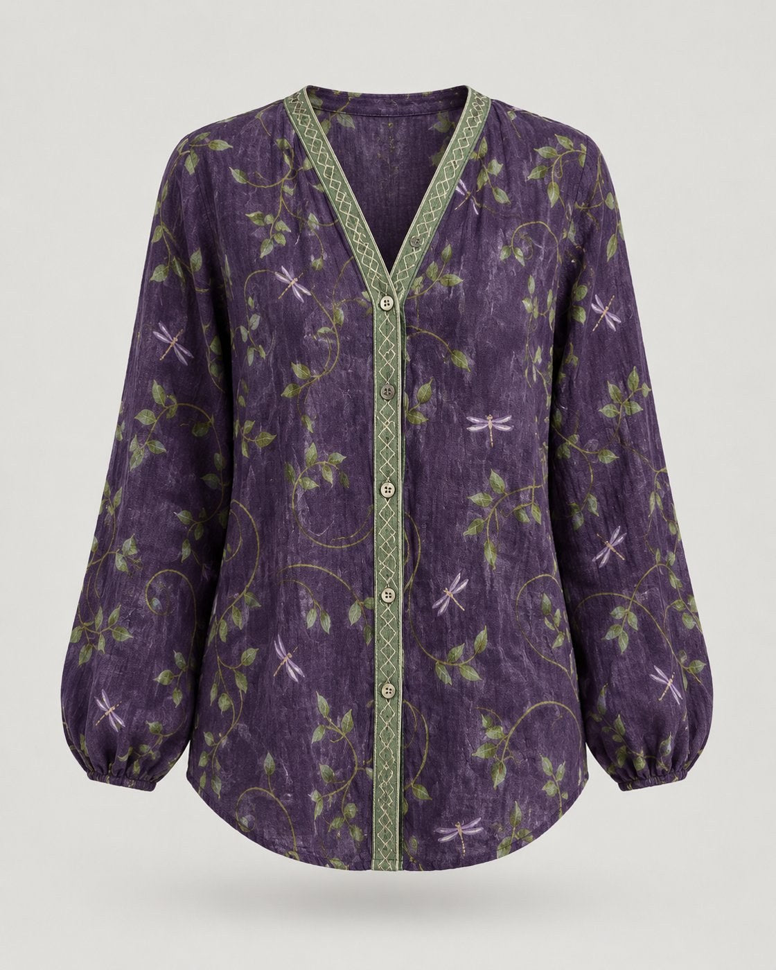Pomence™ Vintage Leaf Print Shirt. Pomence Vintage Leaf Print Shirt, front view, Purple leaf and dragonfly print