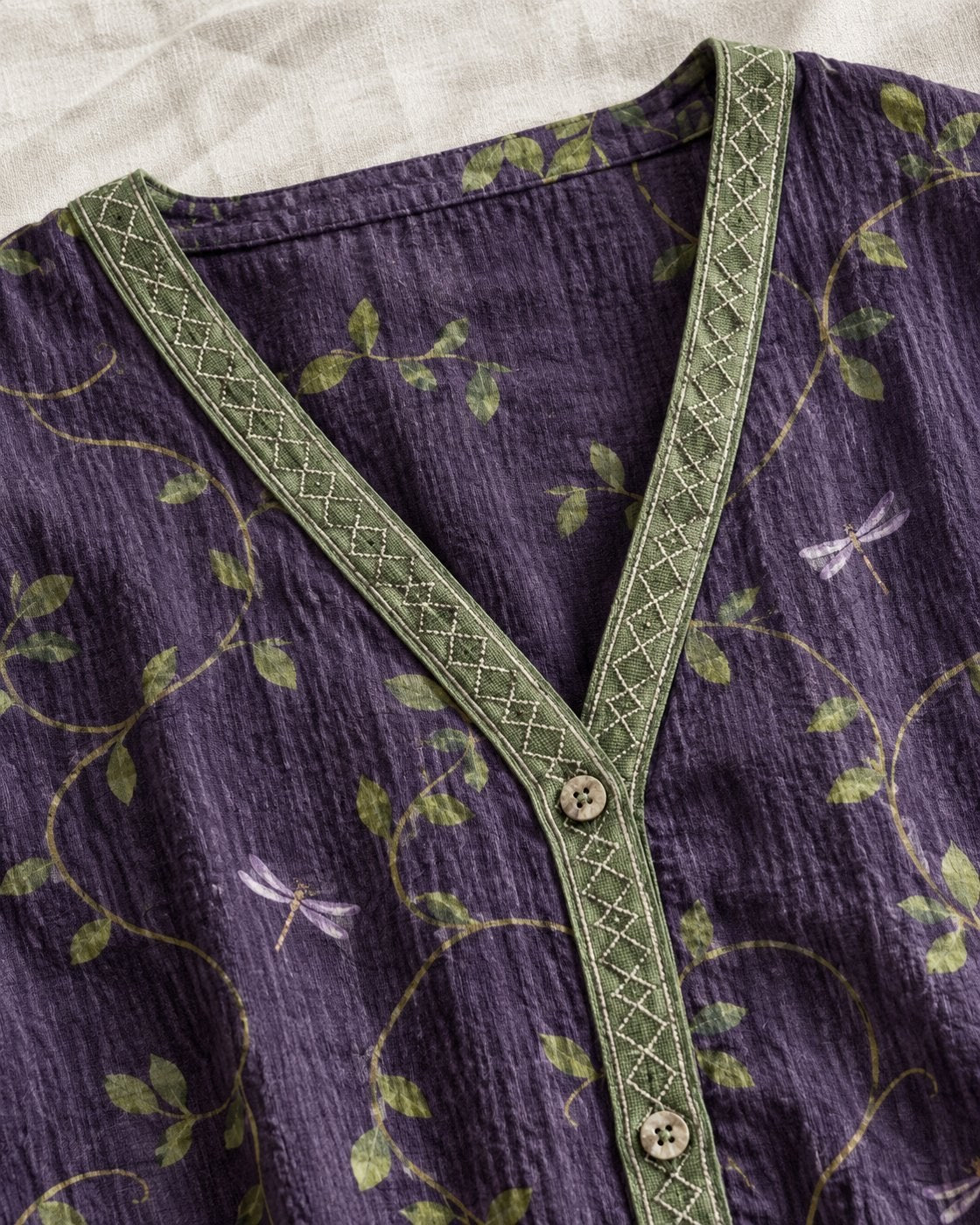 Pomence™ Vintage Leaf Print Shirt. Pomence Vintage Leaf Print Shirt, V-neck trim and button close-up, Purple