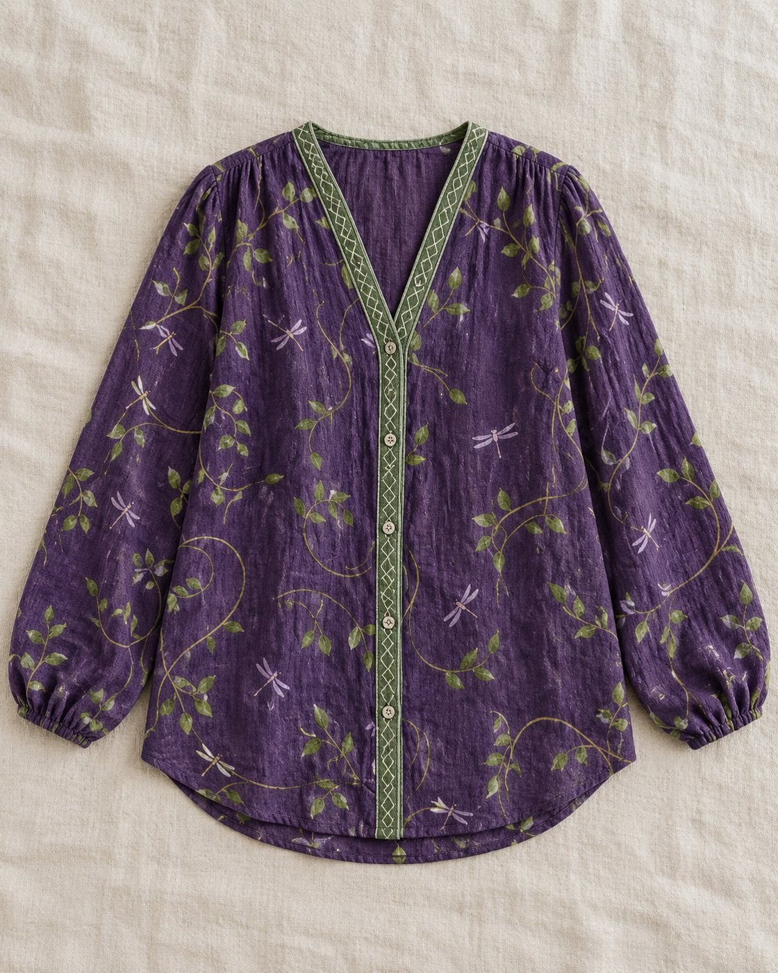 Pomence™ Vintage Leaf Print Shirt. Pomence Vintage Leaf Print Shirt, laid flat, Purple leaf and dragonfly print