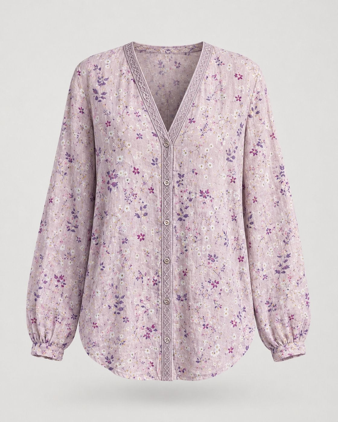 Pomence™ Vintage Leaf Print Shirt. Pomence Vintage Leaf Print Shirt, front view, Pink wildflower print