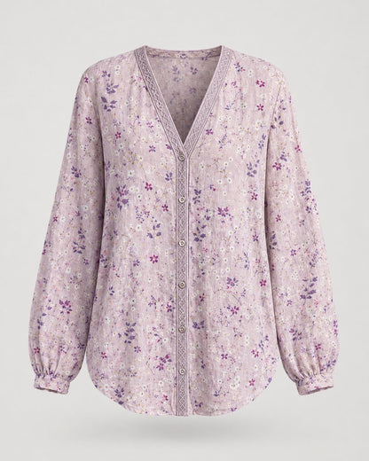 Pomence™ Vintage Leaf Print Shirt. Pomence Vintage Leaf Print Shirt, front view, Pink wildflower print