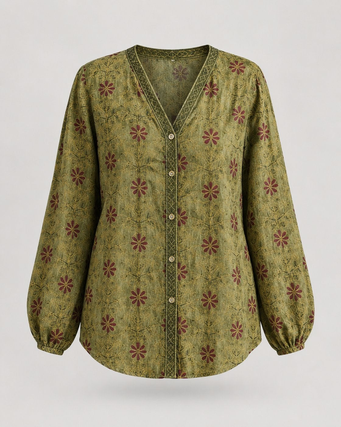 Pomence™ Vintage Leaf Print Shirt. Pomence Vintage Leaf Print Shirt, front view, Green vintage daisy print