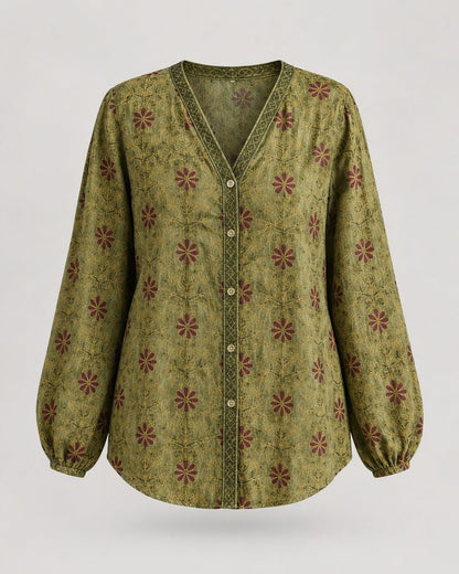 Pomence™ Vintage Leaf Print Shirt. Pomence Vintage Leaf Print Shirt, front view, Green vintage daisy print