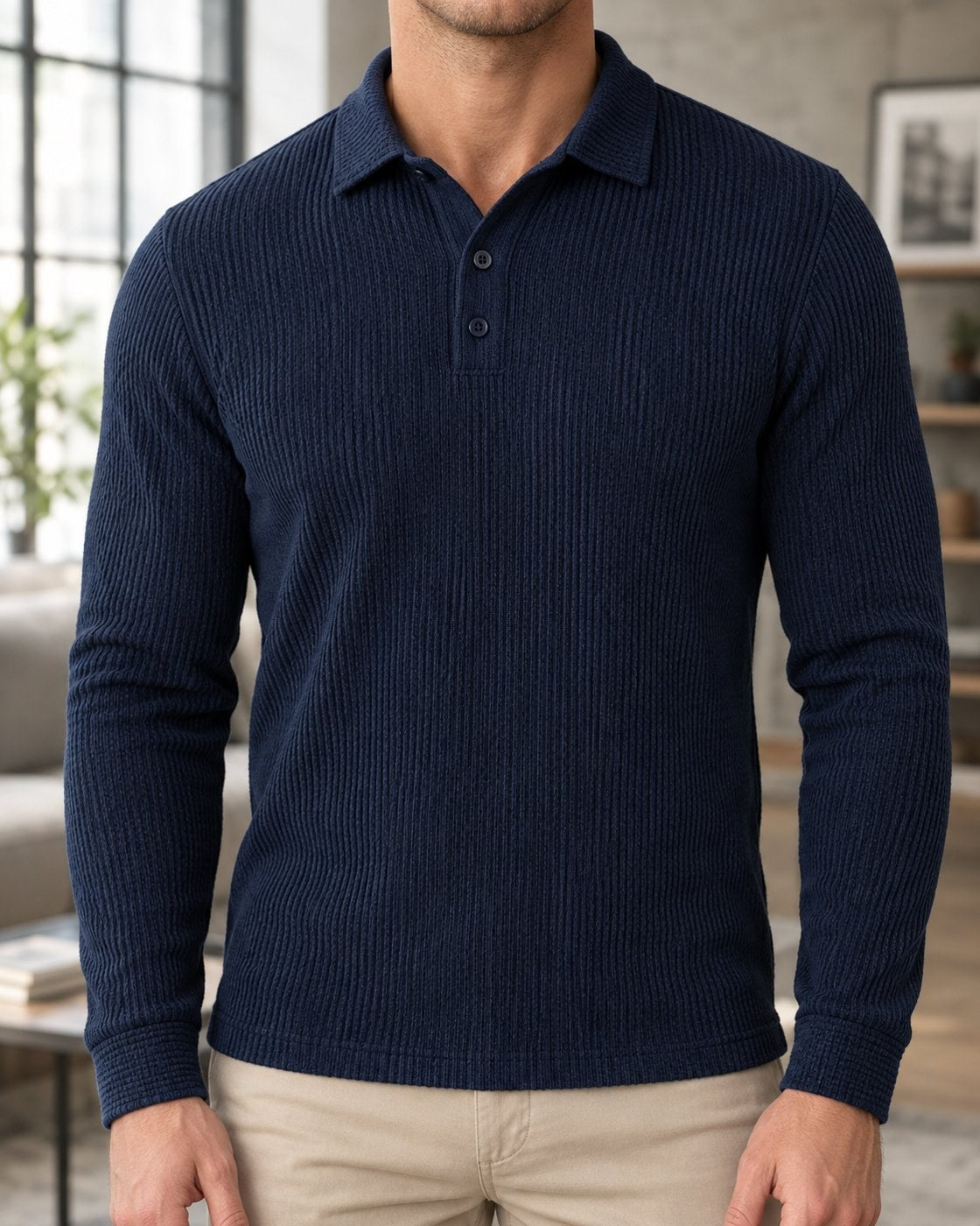 Pomence™ Long Sleeve Textured Polo. Pomence Long Sleeve Textured Polo worn, front view, Midnight Navy