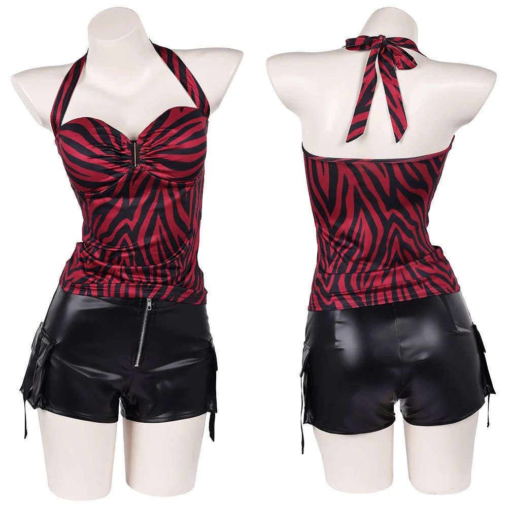 Pomence™ Nikki Halloween Costume Set: Red Zebra Halter Top + Faux Leather Cargo Shorts. Pomence Nikki Halloween Costume Set, red and black zebra halter top and faux leather cargo shorts, front and back