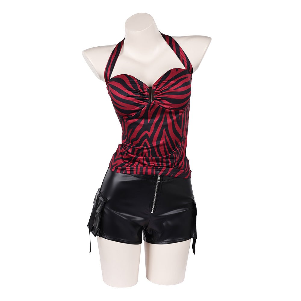 Pomence™ Nikki Halloween Costume Set: Red Zebra Halter Top + Faux Leather Cargo Shorts. Nikki Halloween costume set on a mannequin, back view