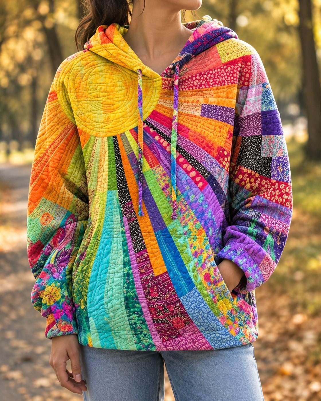 Pomence™ Patchwork Bohemian Hoodie. Pomence Patchwork Bohemian Hoodie, worn, Multicolor