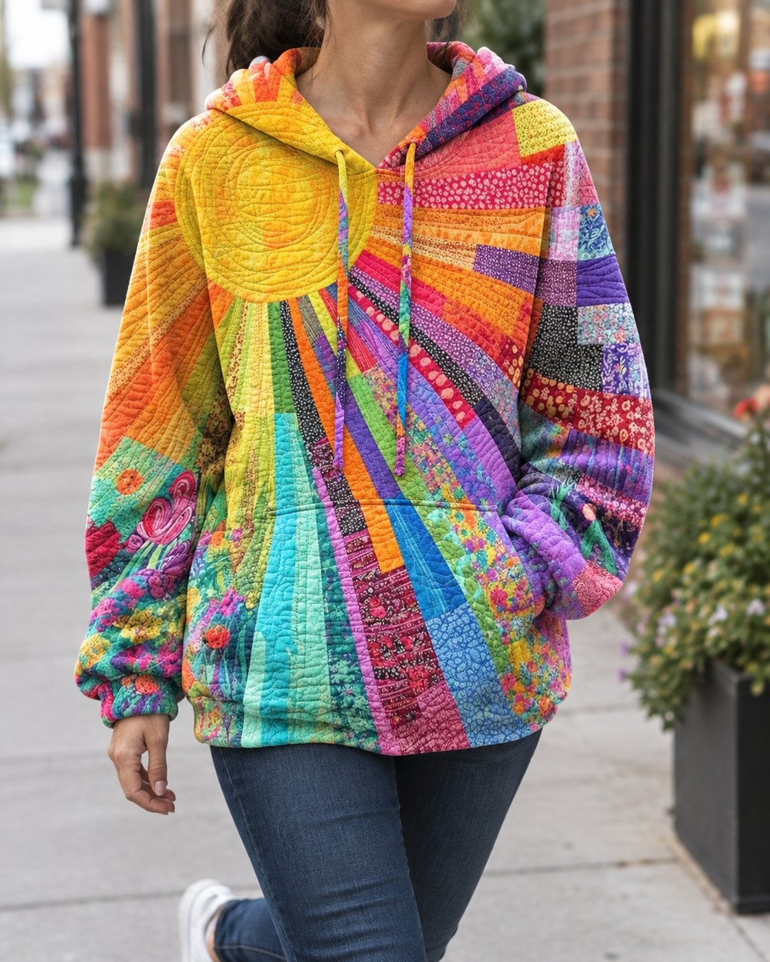 Pomence™ Patchwork Bohemian Hoodie. Pomence Patchwork Bohemian Hoodie, worn walking, Multicolor