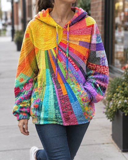 Pomence™ Patchwork Bohemian Hoodie. Pomence Patchwork Bohemian Hoodie, worn walking, Multicolor
