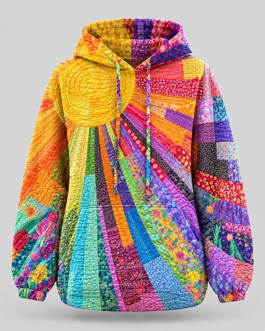 Pomence™ Patchwork Bohemian Hoodie. Pomence Patchwork Bohemian Hoodie, front view, Multicolor