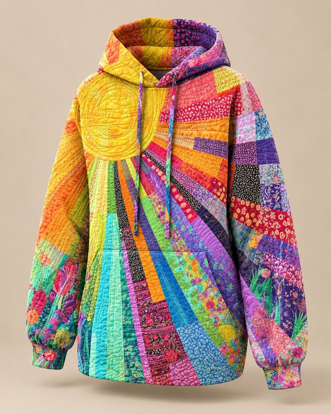 Pomence™ Patchwork Bohemian Hoodie. Pomence Patchwork Bohemian Hoodie, front view turned slightly, Multicolor