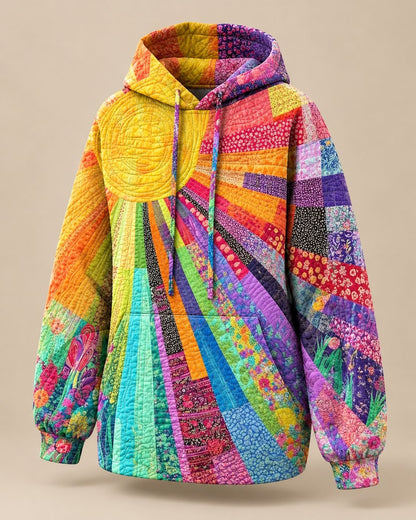 Pomence™ Patchwork Bohemian Hoodie. Pomence Patchwork Bohemian Hoodie, front view turned slightly, Multicolor
