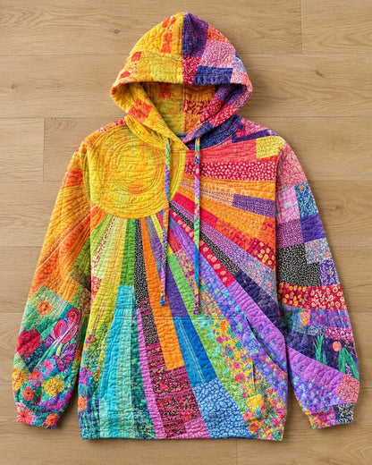 Pomence™ Patchwork Bohemian Hoodie. Pomence Patchwork Bohemian Hoodie, laid flat, Multicolor