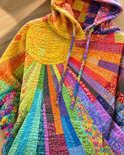 Pomence™ Patchwork Bohemian Hoodie. Pomence Patchwork Bohemian Hoodie, sun print and hood close-up, Multicolor