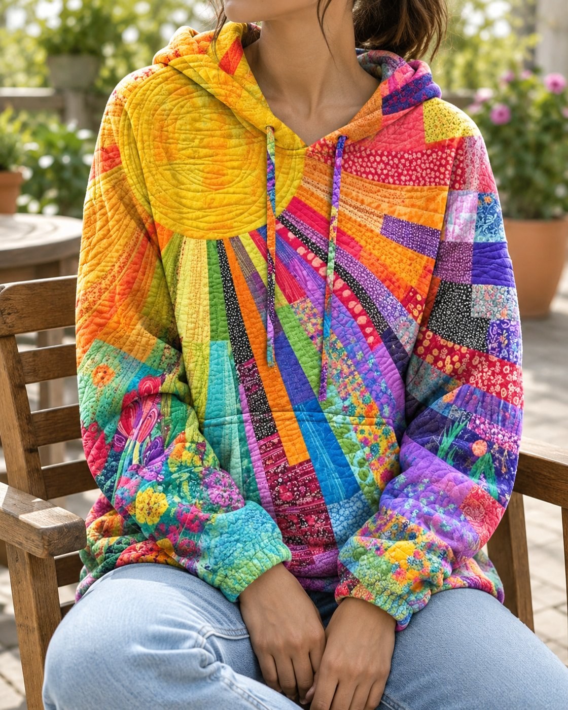 Pomence™ Patchwork Bohemian Hoodie. Pomence Patchwork Bohemian Hoodie, worn seated, Multicolor
