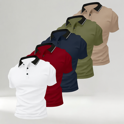 Pomence Men's 5-Pack Polo Shirts. White + Red + Dark Blue + Army Green + Khaki