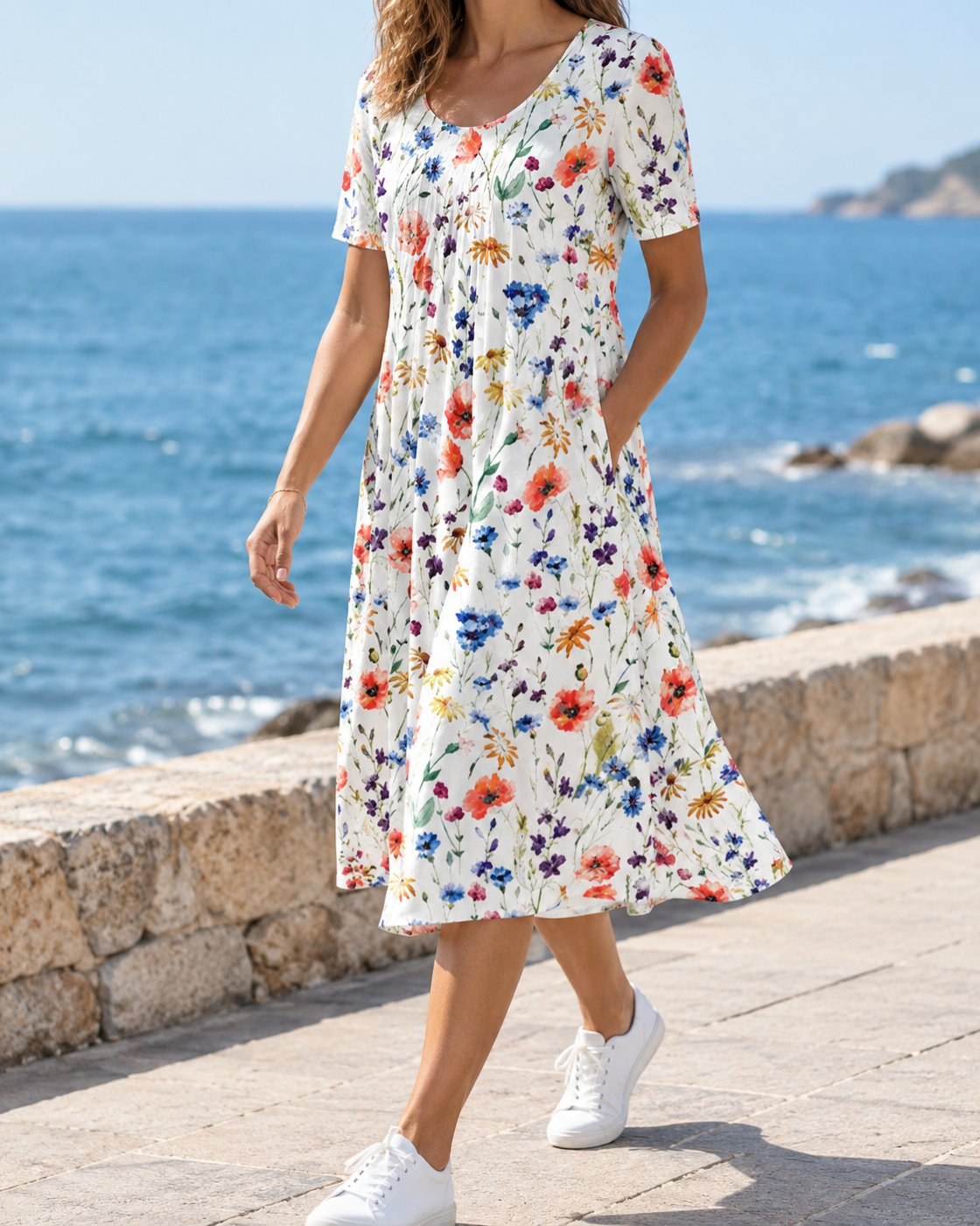 Pomence™ Round Neck Printed Dress. Pomence Round Neck Printed Dress, worn three-quarter view, Red Flowers
