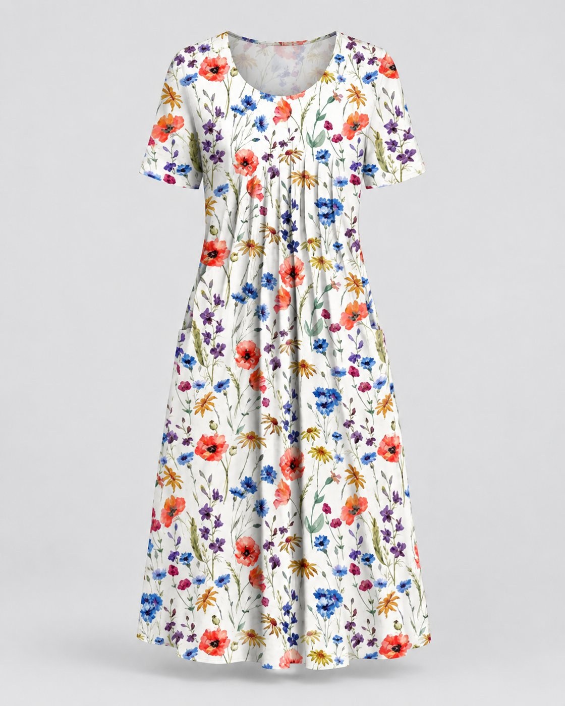 Pomence™ Round Neck Printed Dress. Pomence Round Neck Printed Dress, front view, Red Flowers