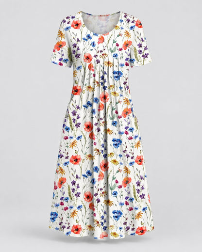 Pomence™ Round Neck Printed Dress. Pomence Round Neck Printed Dress, front view, Red Flowers