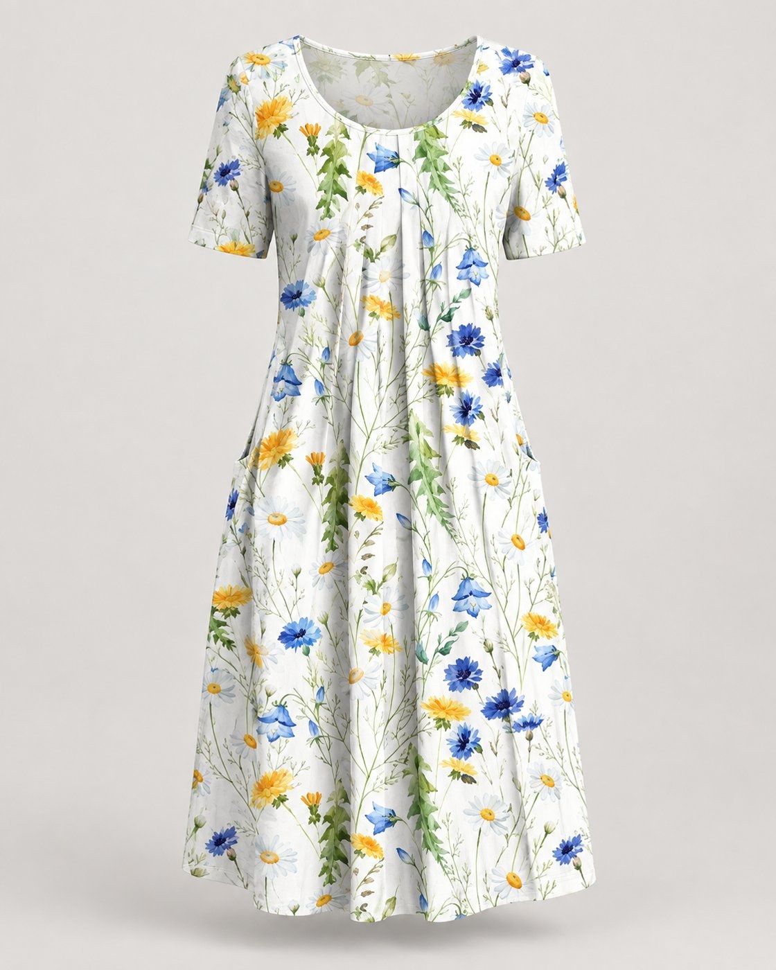 Pomence™ Round Neck Printed Dress. Pomence Round Neck Printed Dress, front view, Yellow Flowers