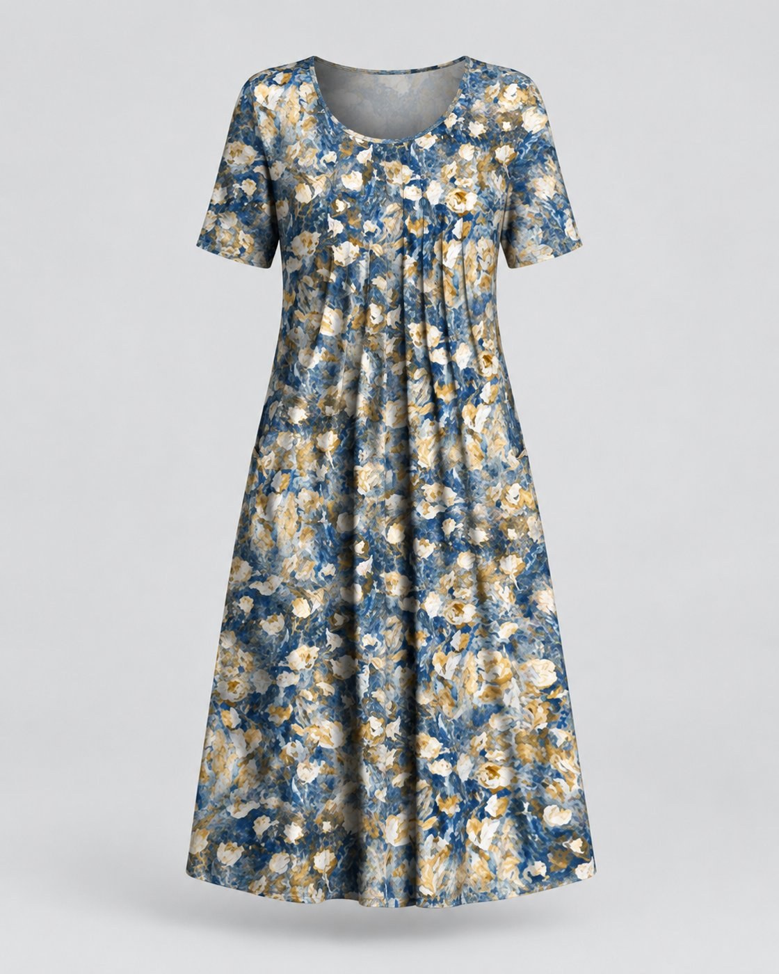 Pomence™ Round Neck Printed Dress. Pomence Round Neck Printed Dress, front view, Light Blue