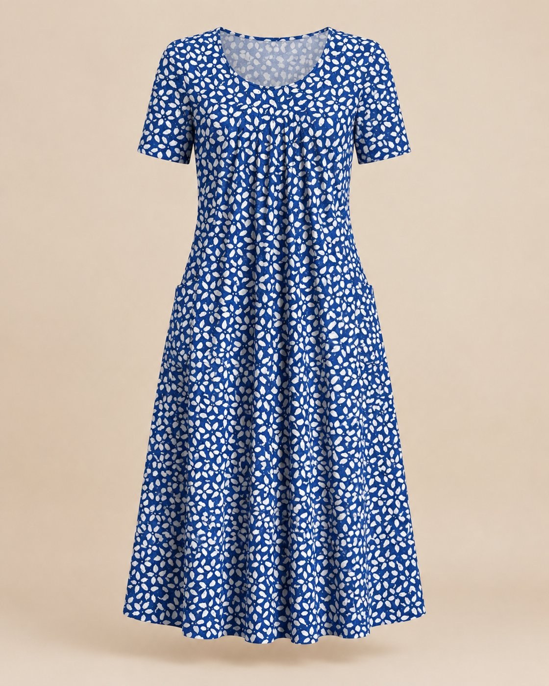 Pomence™ Round Neck Printed Dress. Pomence Round Neck Printed Dress, front view, Blue