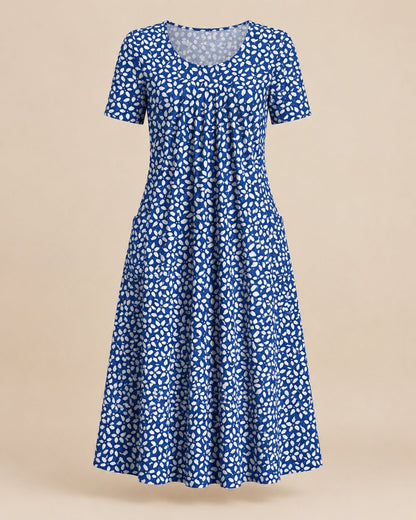 Pomence™ Round Neck Printed Dress. Pomence Round Neck Printed Dress, front view, Blue