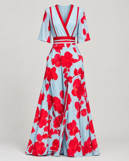 Pomence™ Floral V-Neck Long Dress. Pomence Floral V-Neck Long Dress, front view, Red