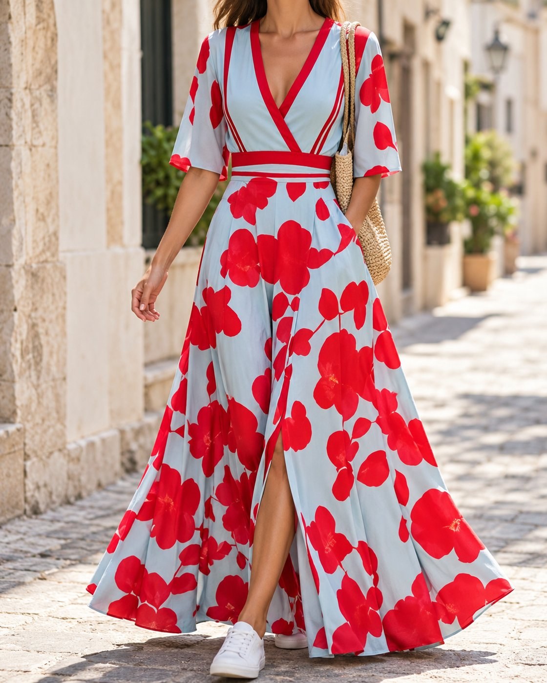 Pomence™ Floral V-Neck Long Dress. Pomence Floral V-Neck Long Dress, worn, walking three-quarter view, Red