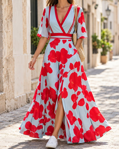 Pomence™ Floral V-Neck Long Dress. Pomence Floral V-Neck Long Dress, worn, walking three-quarter view, Red