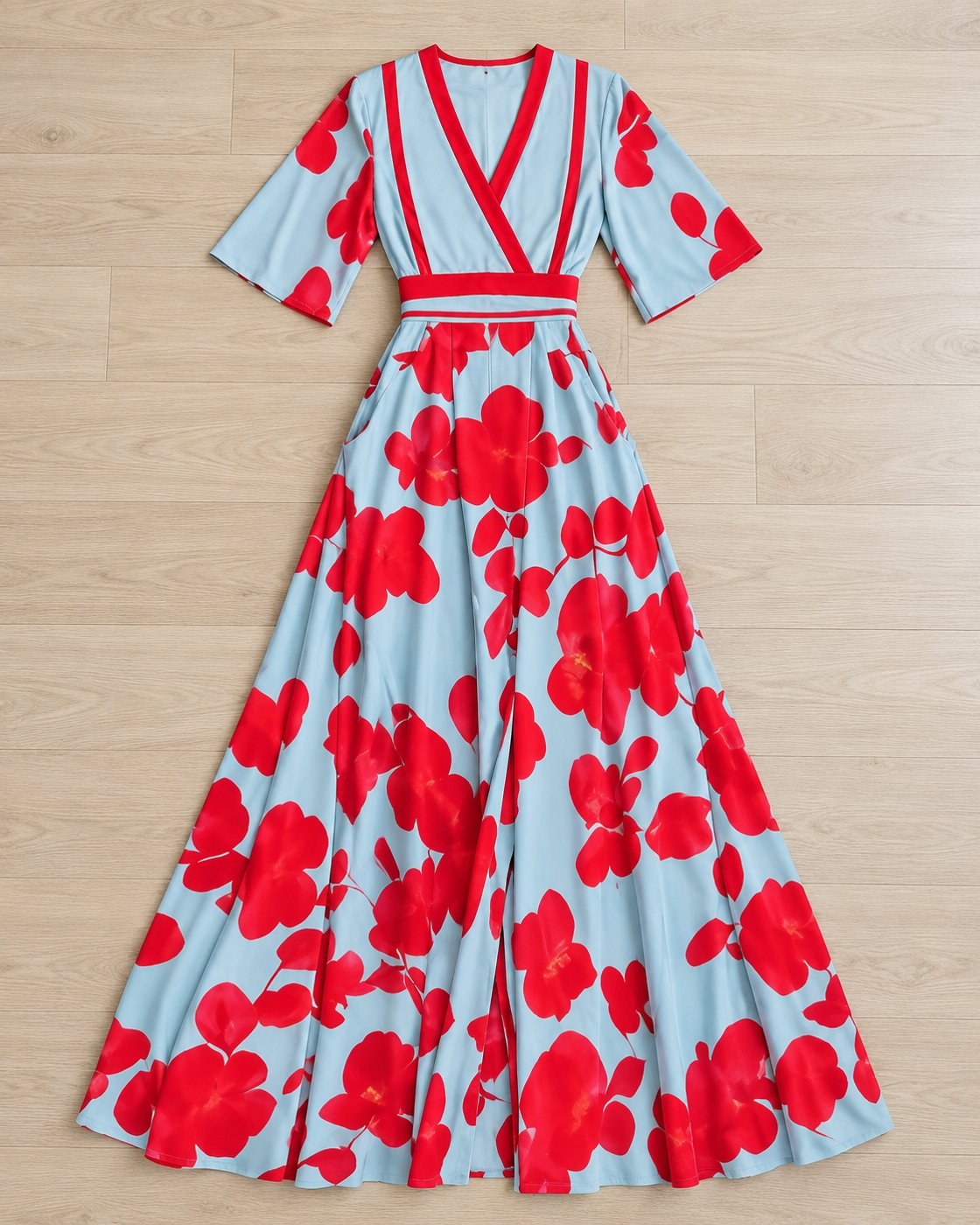 Pomence™ Floral V-Neck Long Dress. Pomence Floral V-Neck Long Dress, laid flat, full length, Red