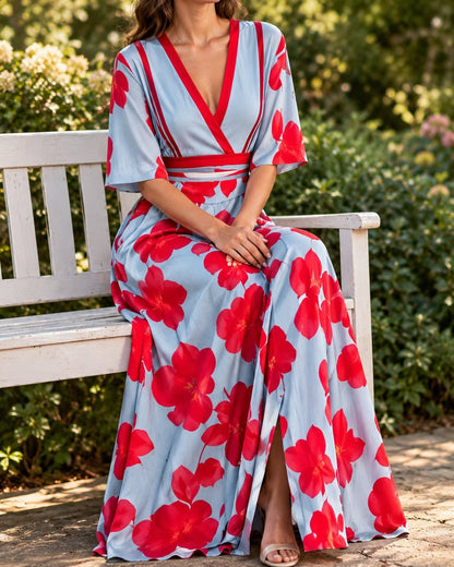 Pomence™ Floral V-Neck Long Dress. Pomence Floral V-Neck Long Dress, worn, seated, Red