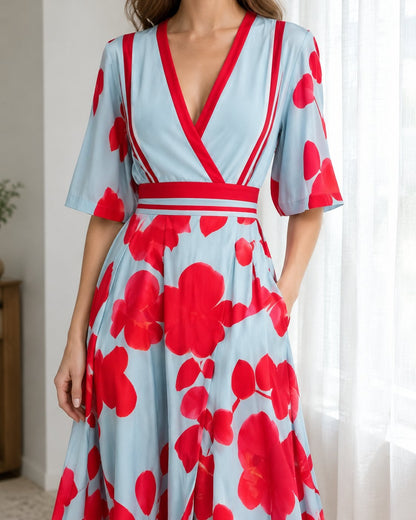 Pomence™ Floral V-Neck Long Dress. Pomence Floral V-Neck Long Dress, worn, side pocket, Red