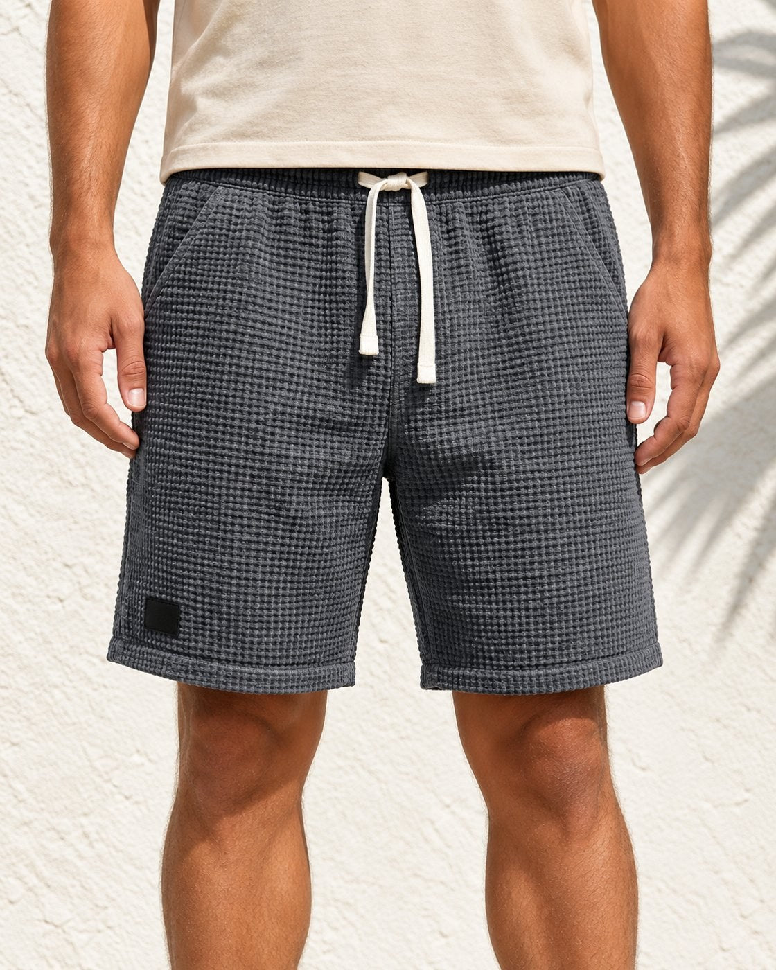 Pomence™ Waffle Summer Shorts. Pomence Waffle Summer Shorts, worn front view, Gray