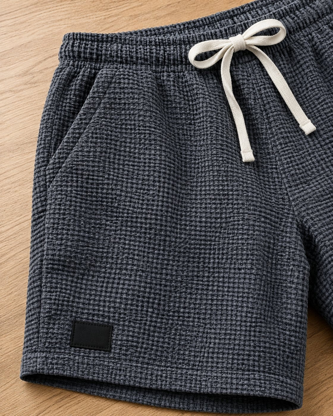 Pomence™ Waffle Summer Shorts. Pomence Waffle Summer Shorts, waistband, drawstring and waffle texture close-up, Gray
