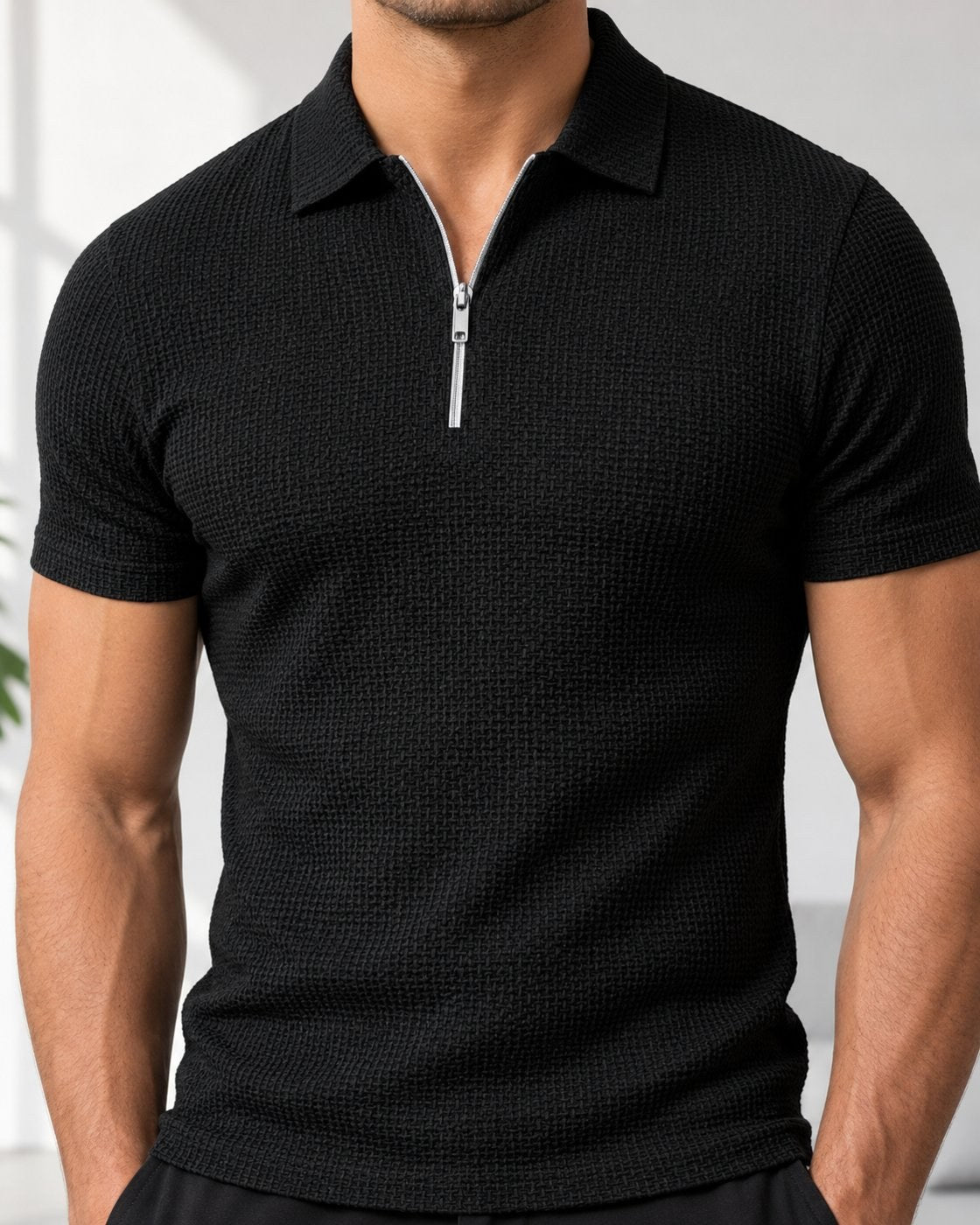 Pomence™ Quarter-Zip Textured Polo. Quarter zip textured polo worn, front view, Espresso Black