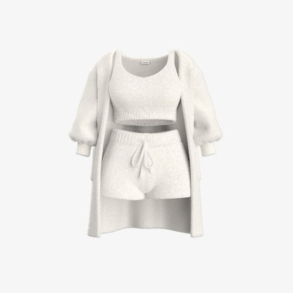 The listing photo of the Ivory 3 Piece Set: cardigan, crop tank and shorts, one color throughout.