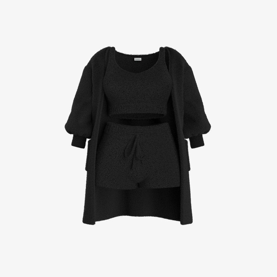 The listing photo of the Black 3 Piece Set: cardigan, crop tank and shorts, one color throughout.