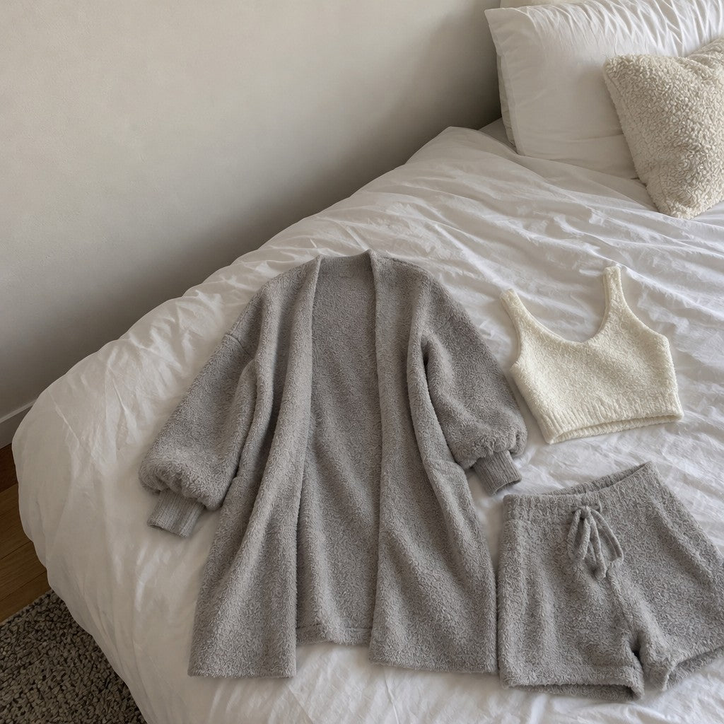 The Gray 3 Piece Set laid out on a made white bed: the long gray cardigan with its puff sleeves, the ivory scoop-neck crop tank and the gray drawstring shorts, three pieces only, each apart from the others.