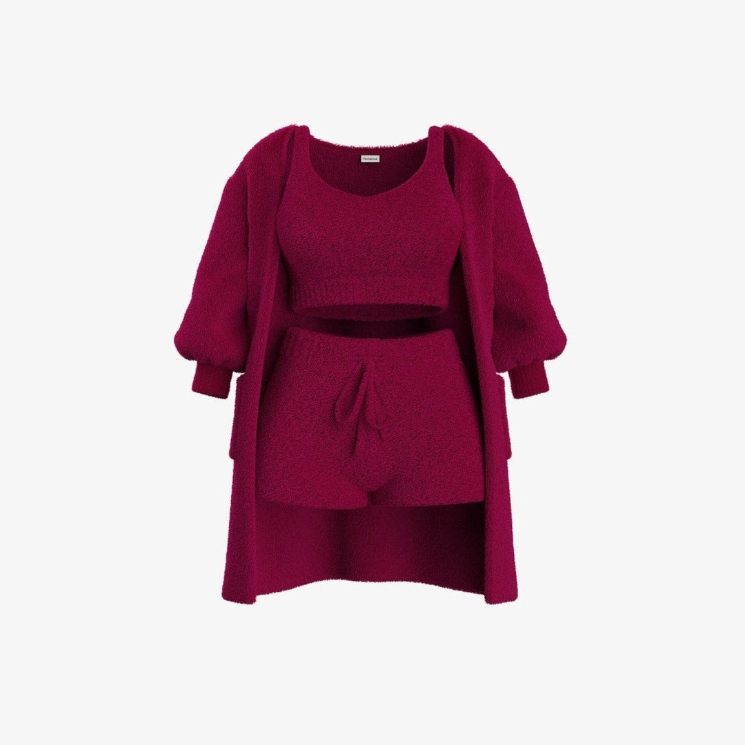 The listing photo of the Burgundy 3 Piece Set: cardigan, crop tank and shorts, one color throughout.