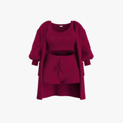 The listing photo of the Burgundy 3 Piece Set: cardigan, crop tank and shorts, one color throughout.
